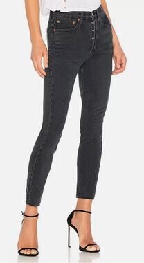 Re/Done Redone Jeans Raw Fray Hem Button Fly 721-3WHRAC Washed Black Womens 29